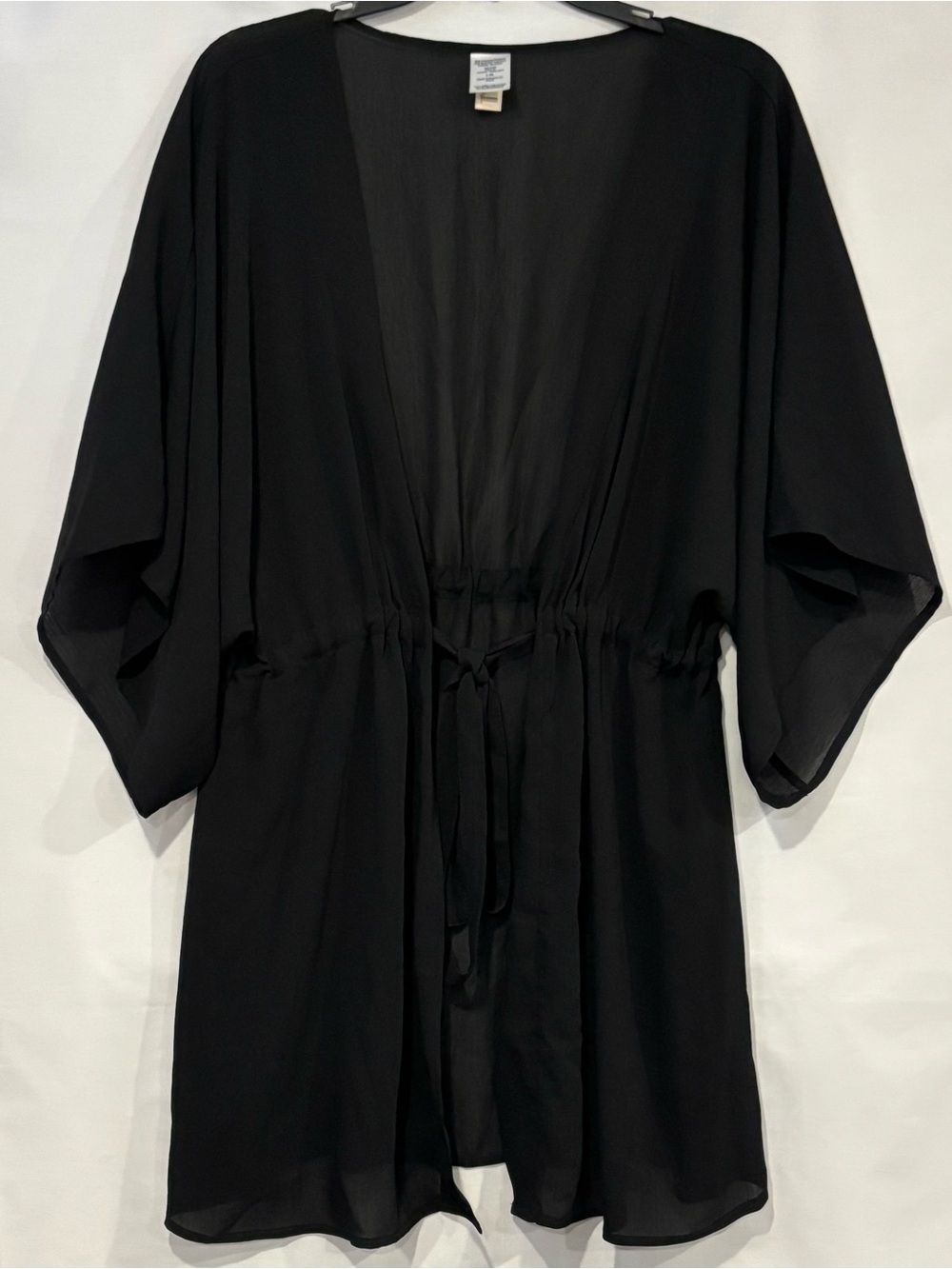 Time and Tru Women's Black Ruched Tie-Front Swim Cover-Up Kaftan Ruana Size L-XL